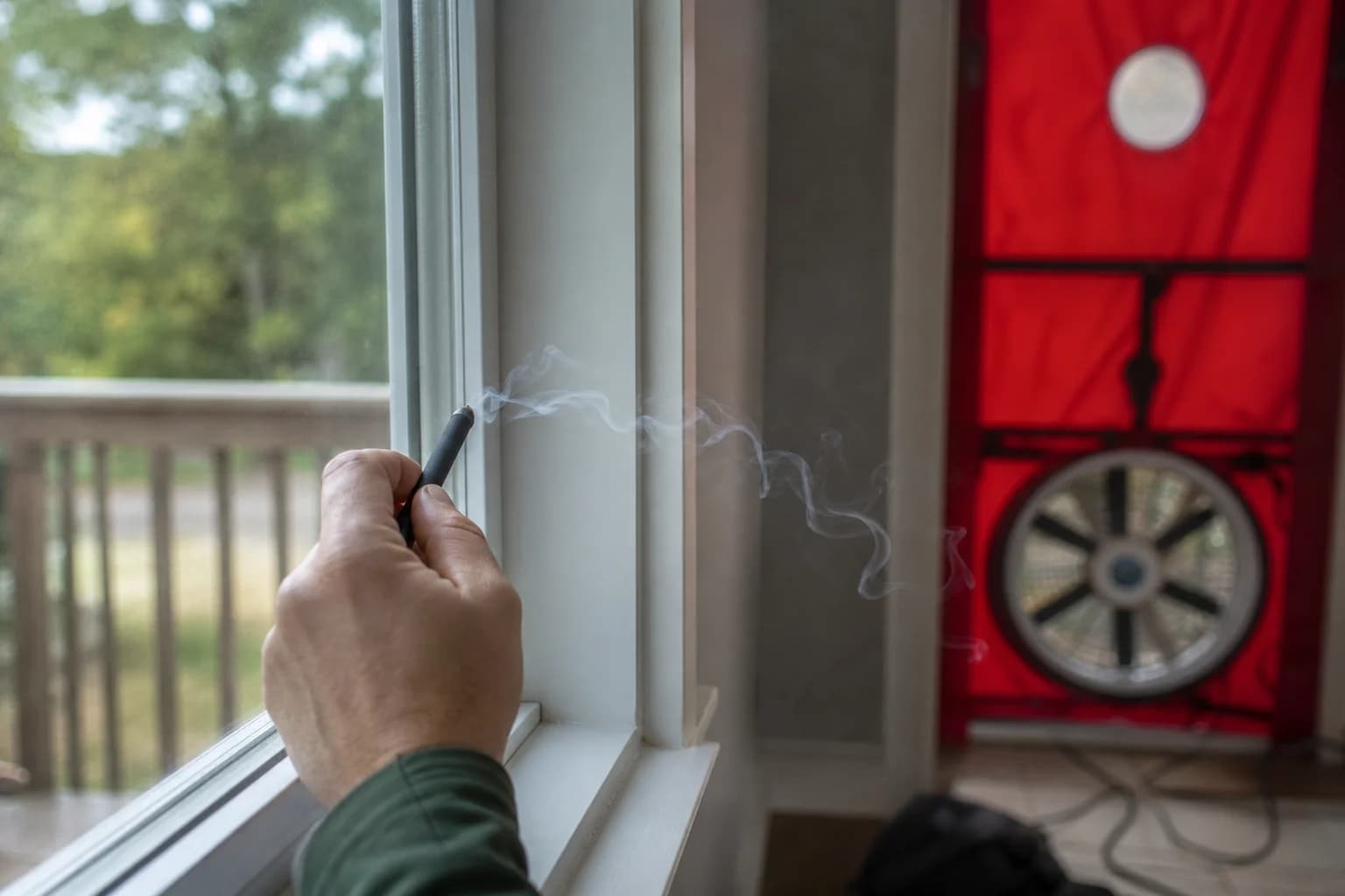 Hand mit Rauchstift zeigt eine Luftleckage am Fensterrahmen an