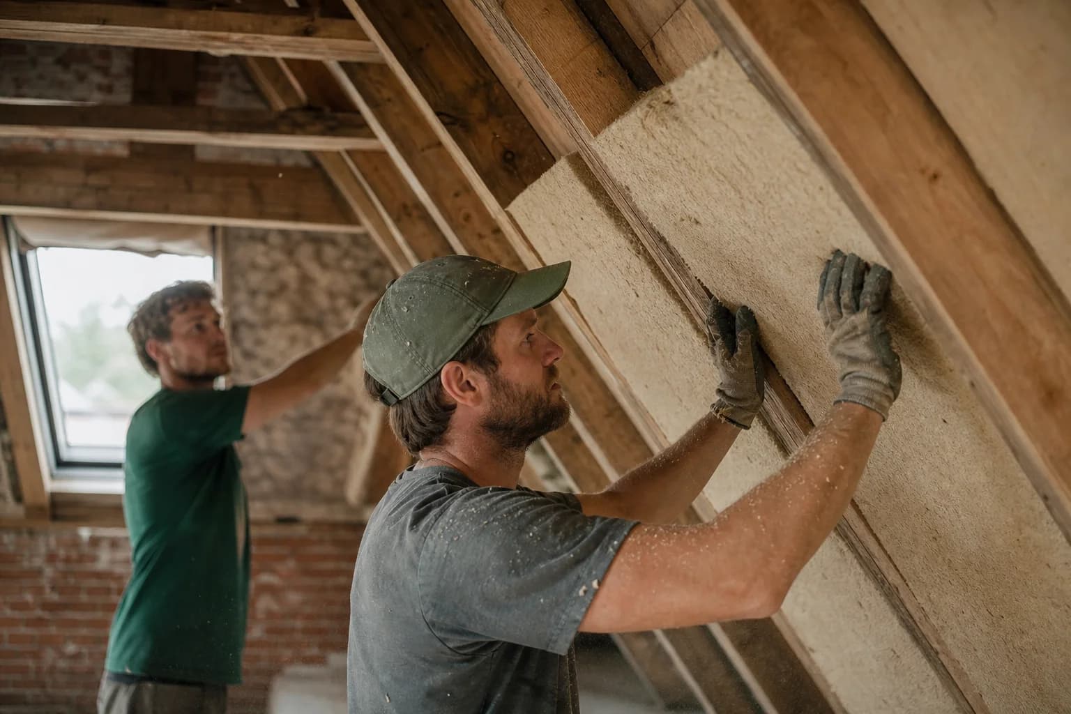 Zwei Handwerker bringen Holzfaserdämmung zwischen den Dachsparren an