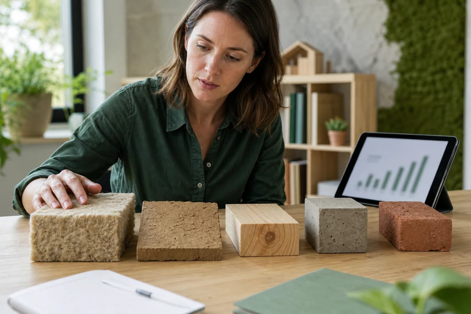 Bauingenieurin vergleicht Baustoffproben aus Holzfaser, Lehm, Holz, Beton und Ziegel