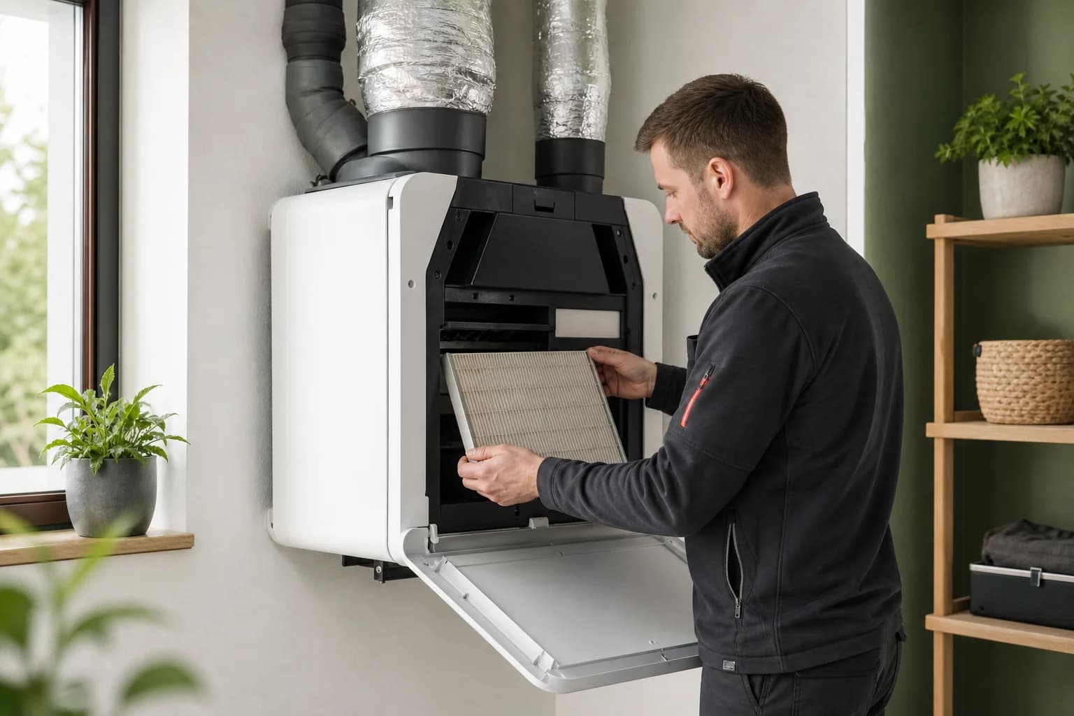 Zentrales Lüftungsgerät mit Wärmerückgewinnung im Hauswirtschaftsraum