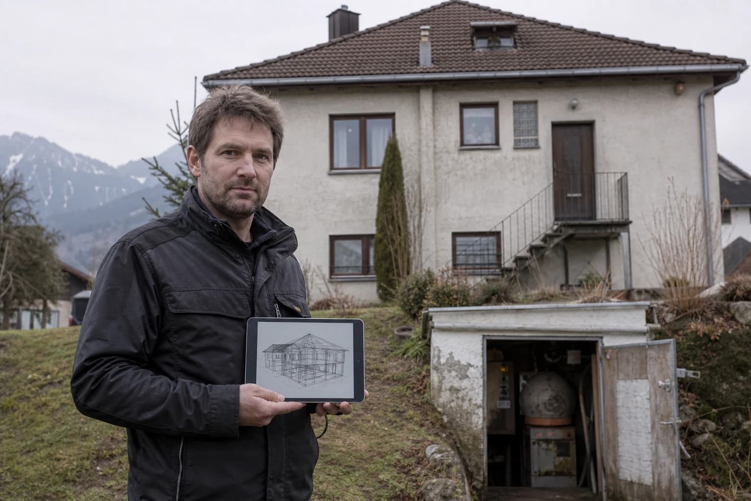 Energieberater mit Tablet und CAD-Modell vor einem unsanierten Einfamilienhaus aus den 1960er-Jahren