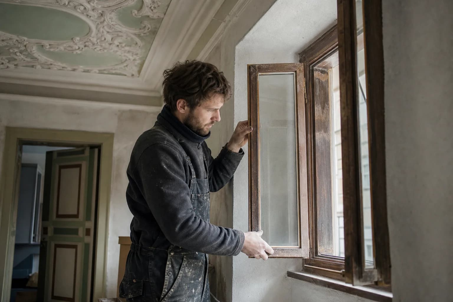 Restaurator arbeitet an einem historischen Kastenfenster unter einer Stuckdecke