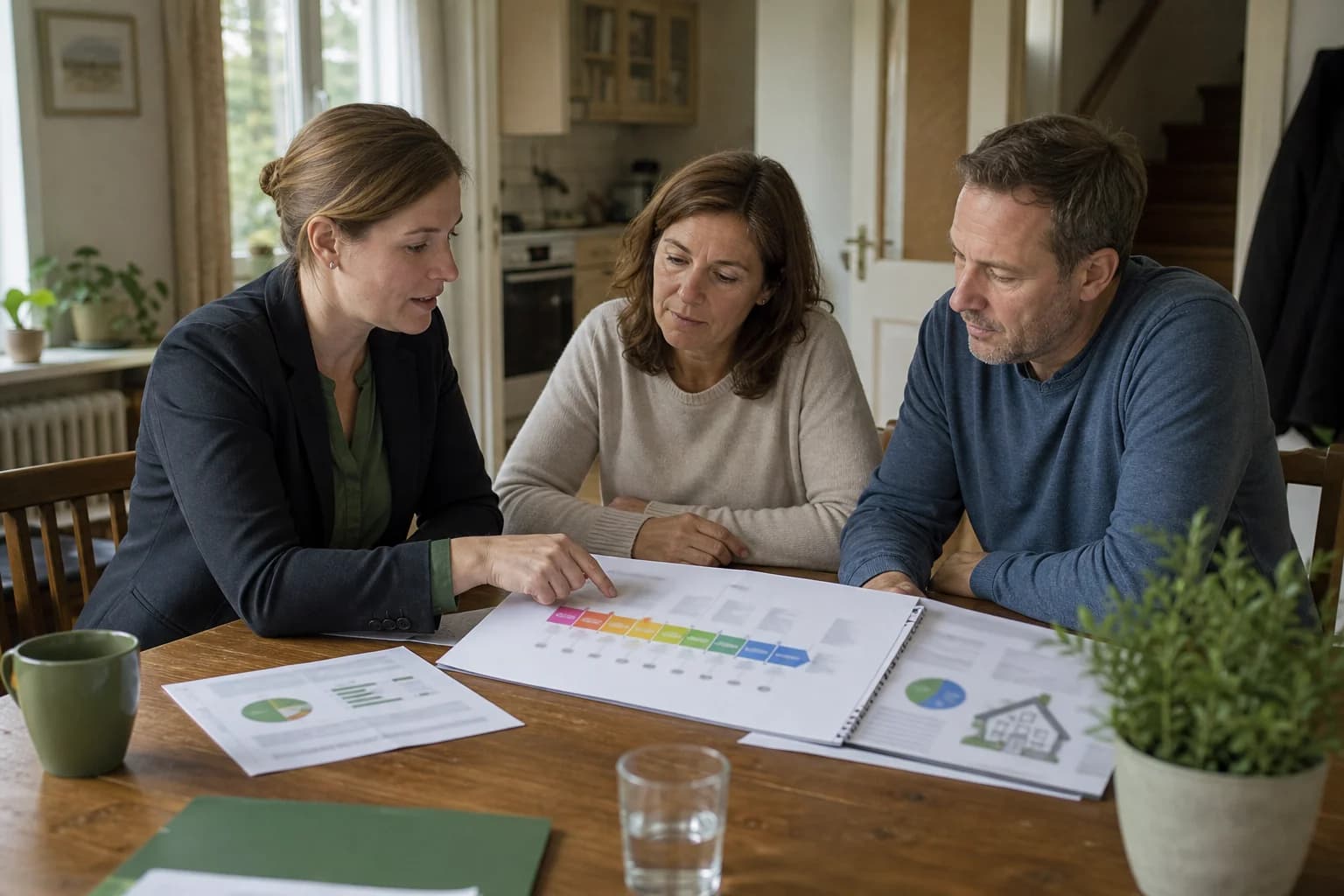 Energieberaterin erklärt einem Paar am Küchentisch den Sanierungsfahrplan